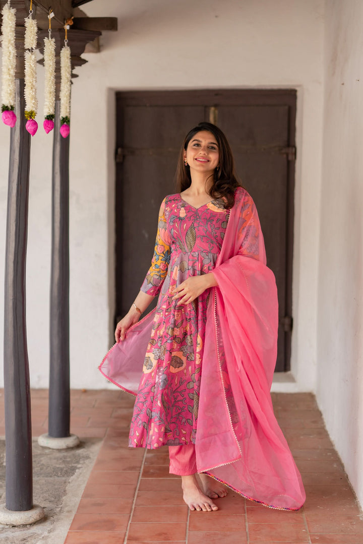 Kalamkari Print Carnation Pink 3 piece Co-Ord Set