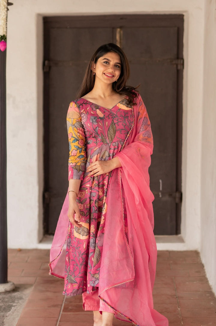 Kalamkari Print Carnation Pink 3 piece Co-Ord Set