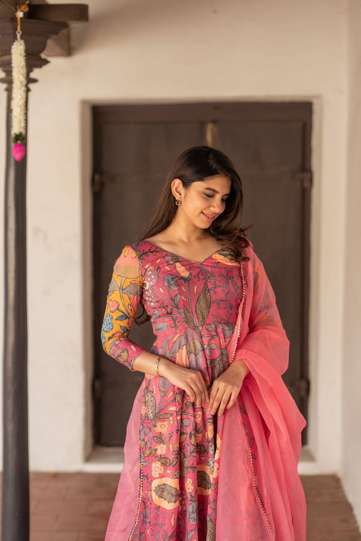 Kalamkari Print Carnation Pink 3 piece Co-Ord Set