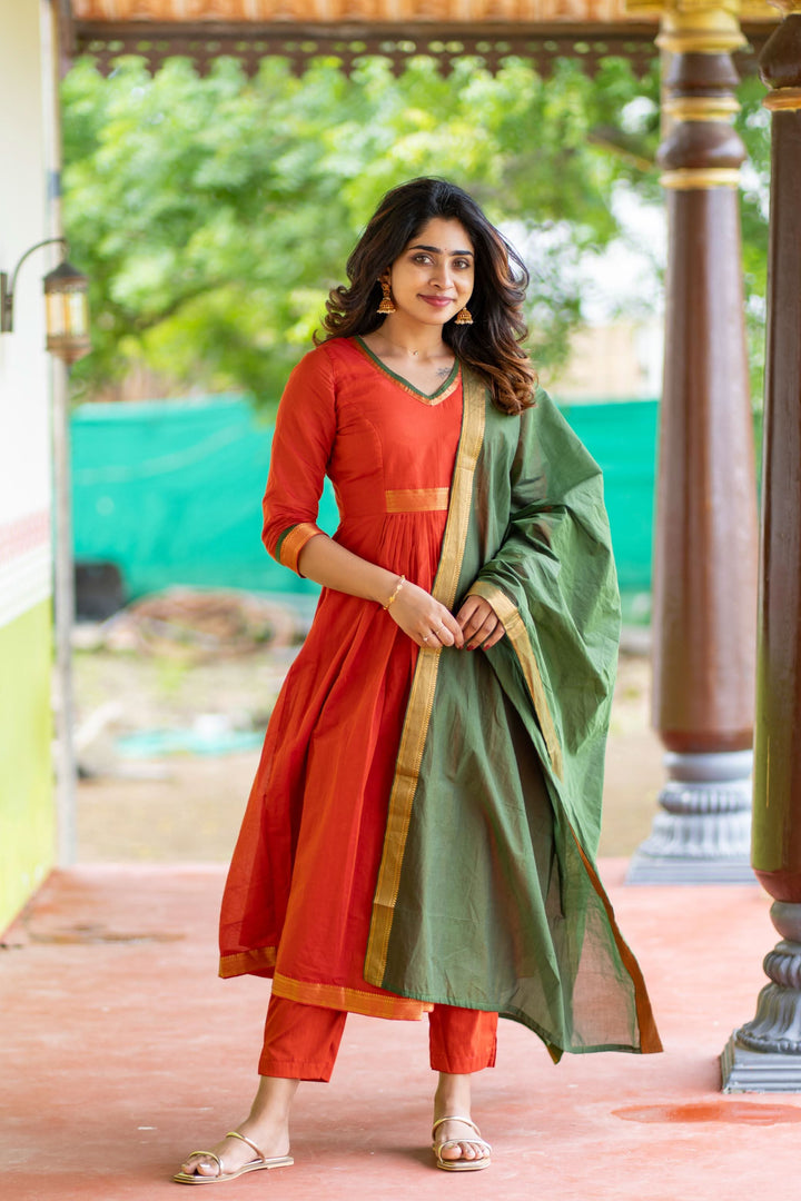 Shanmathi Orange & Green With Dupatta 2 Peice Set | Made To Order