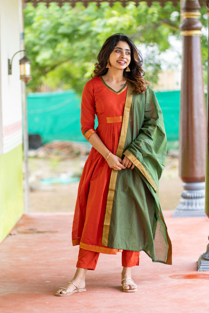 Shanmathi Orange & Green With Dupatta 2 Peice Set | Made To Order