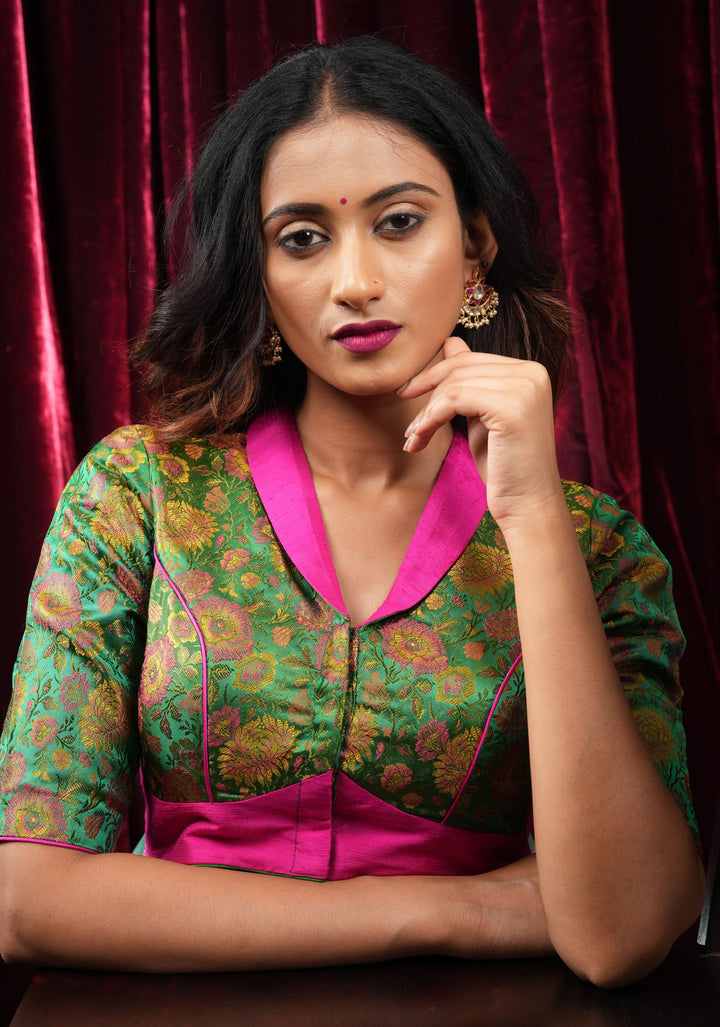 Green Tanchoi with Fuchsia Pure Raw Silk Lapel Collar Blouse for saree