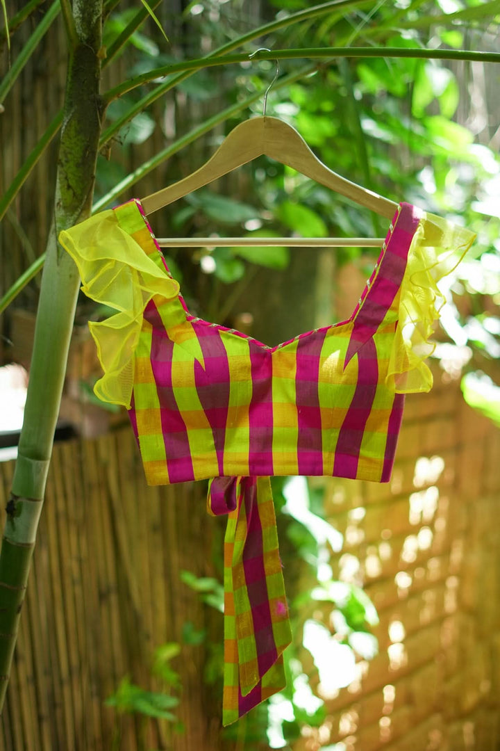 Sunshine Yellow Pink Checked Pure Raw Silk Sweetheart neck blouse