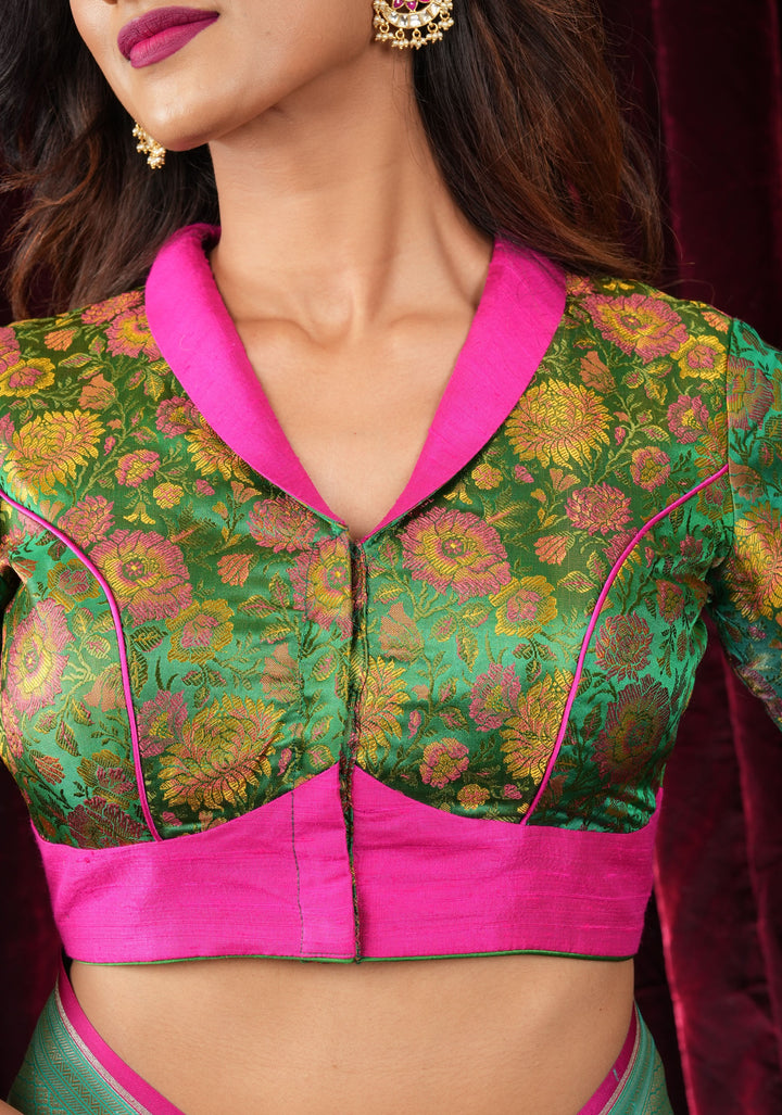 Green Tanchoi with Fuchsia Pure Raw Silk Lapel Collar Blouse for saree