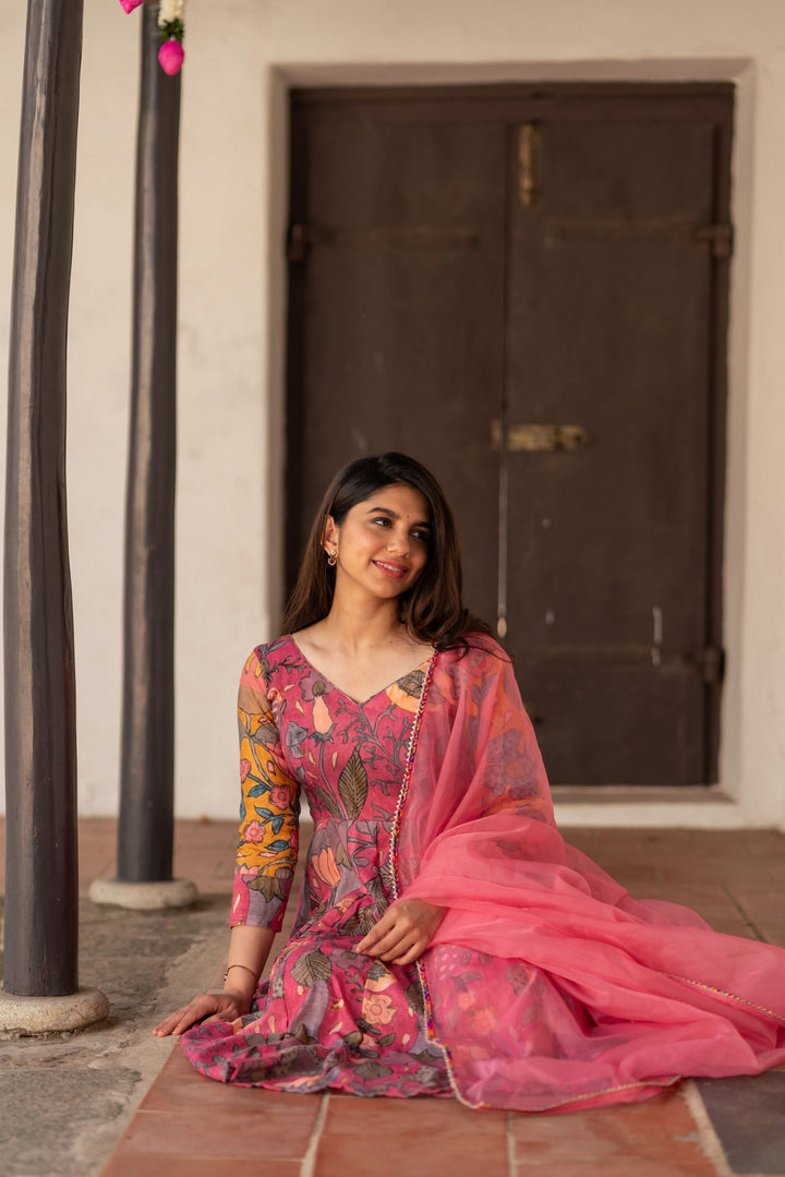 Kalamkari Print Carnation Pink 3 piece Co-Ord Set