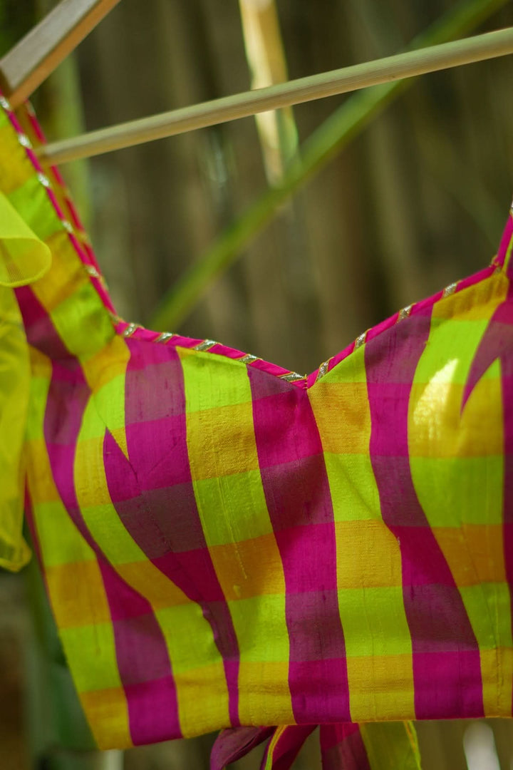 Sunshine Yellow Pink Checked Pure Raw Silk Sweetheart neck blouse