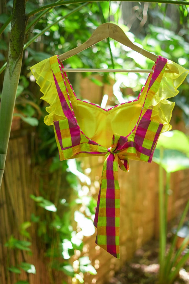Sunshine Yellow Pink Checked Pure Raw Silk Sweetheart neck blouse
