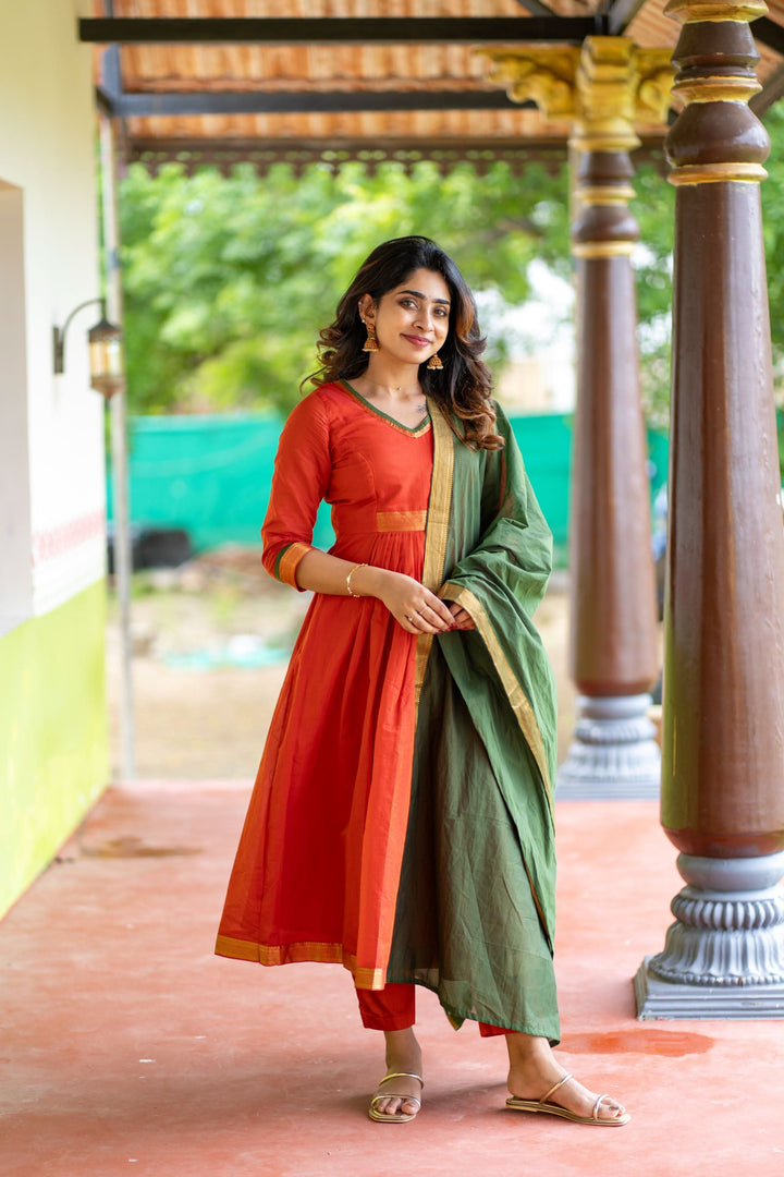 Shanmathi Orange & Green With Dupatta 2 Peice Set | Made To Order