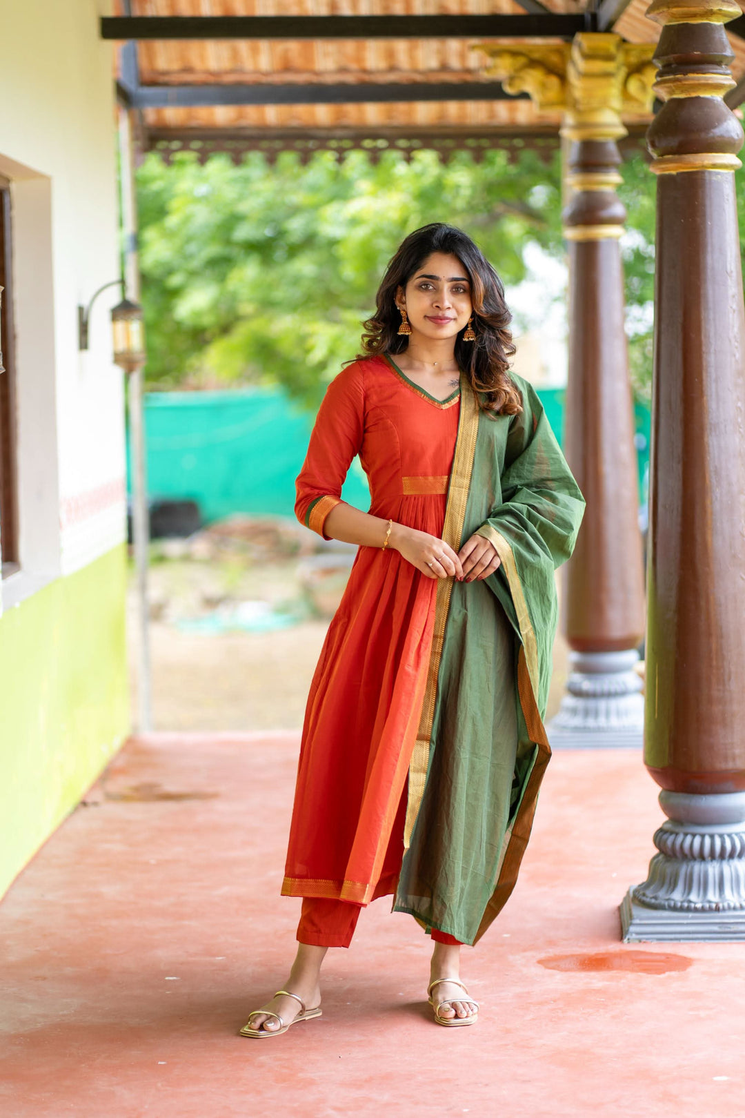 Shanmathi Orange & Green With Dupatta 2 Peice Set | Made To Order
