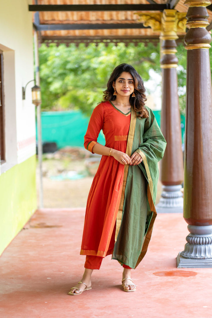Shanmathi Orange & Green With Dupatta 2 Peice Set | Made To Order