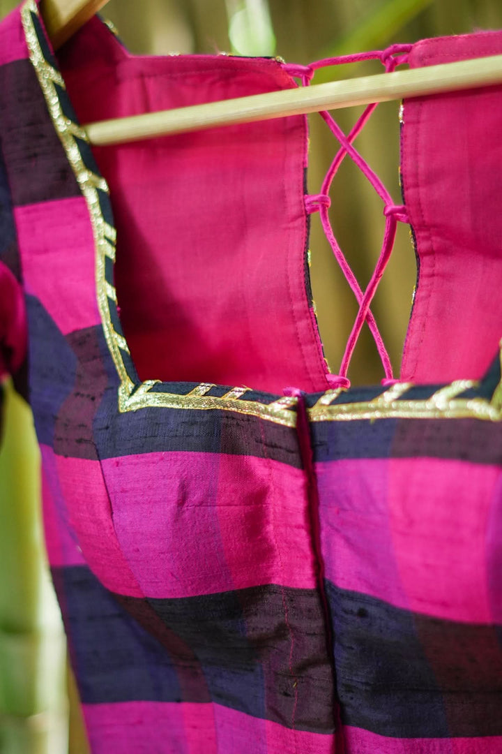 Navy blue, Pink checked Pure rawsilk with crisscross tie