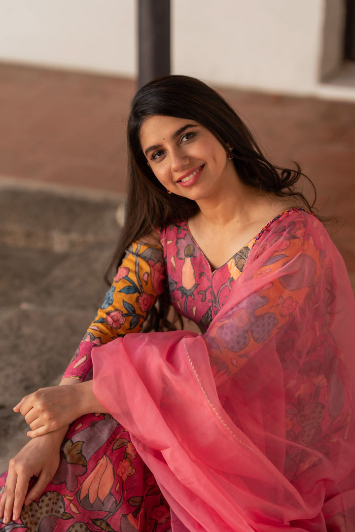Kalamkari Print Carnation Pink 3 piece Co-Ord Set