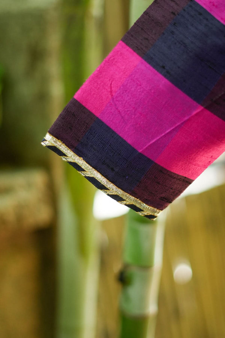 Navy blue, Pink checked Pure rawsilk with crisscross tie