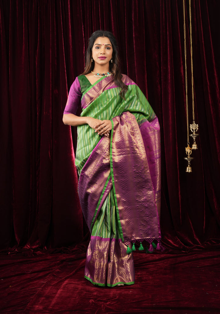 Pure Gadwal Silk Saree in Grass Green with Ornate Zari Stripes in two tone Zari with 12' zari border | SILK MARK CERTIFIED
