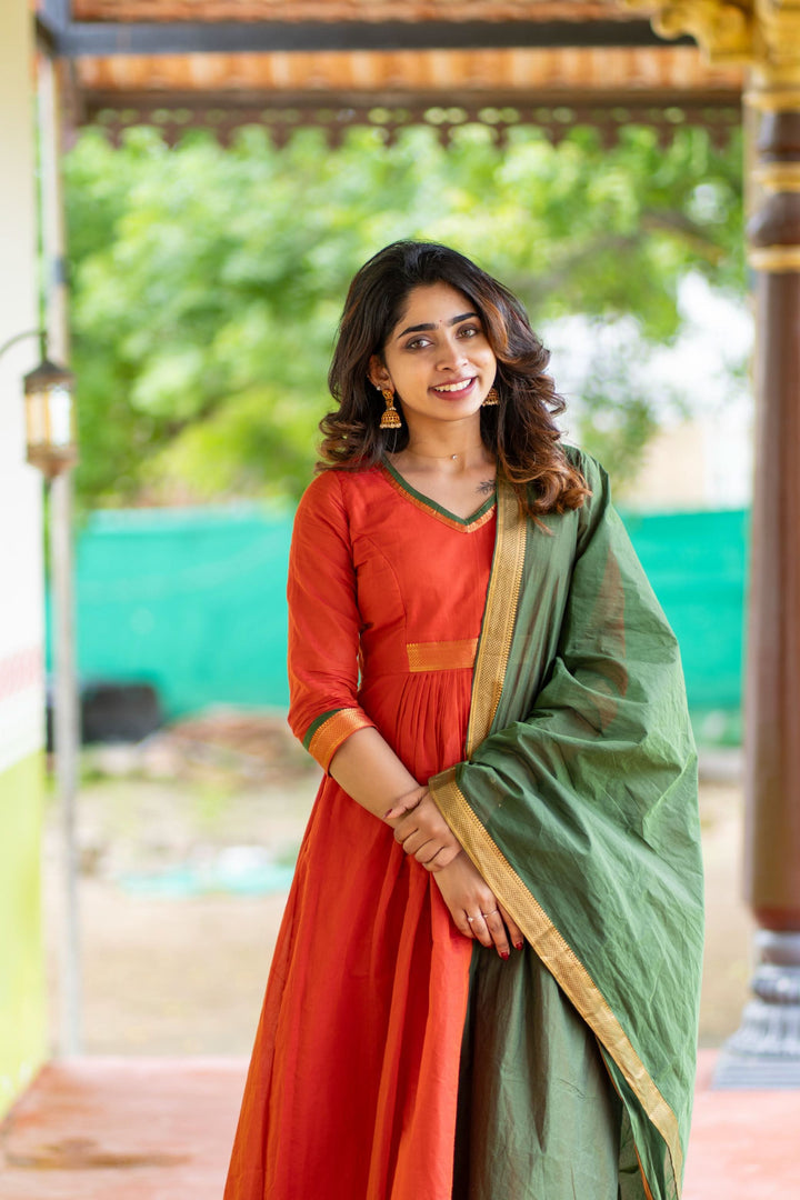 Shanmathi Orange & Green With Dupatta 2 Peice Set | Made To Order
