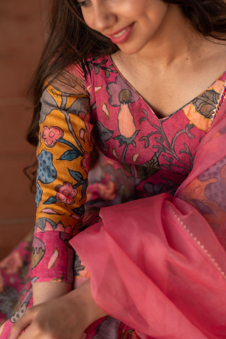 Kalamkari Print Carnation Pink 3 piece Co-Ord Set