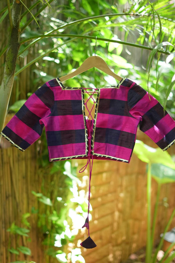 Navy blue, Pink checked Pure rawsilk with crisscross tie