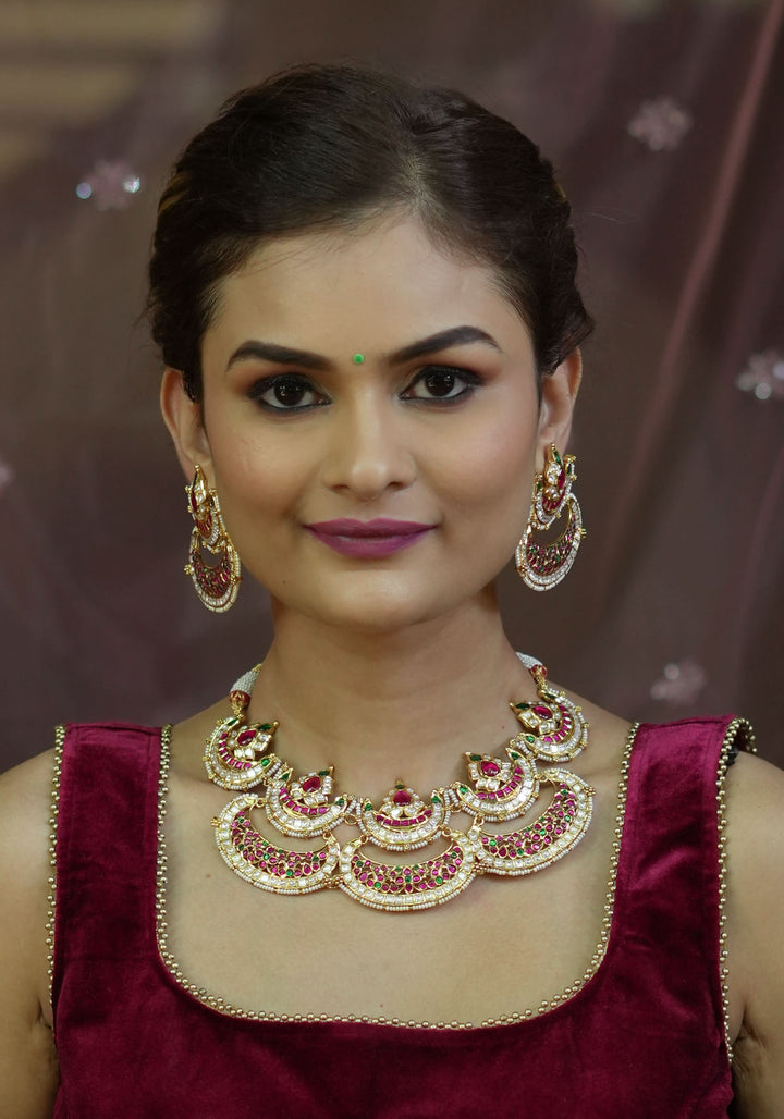 Two layer Statement Jadau Necklace Set with Chand Design Choker and Earrings Set | Shobitam Jewelry