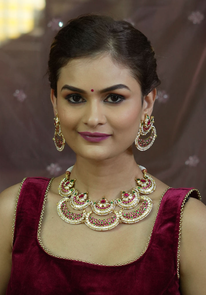 Two layer Statement Jadau Necklace Set with Chand Design Choker and Earrings Set | Shobitam Jewelry