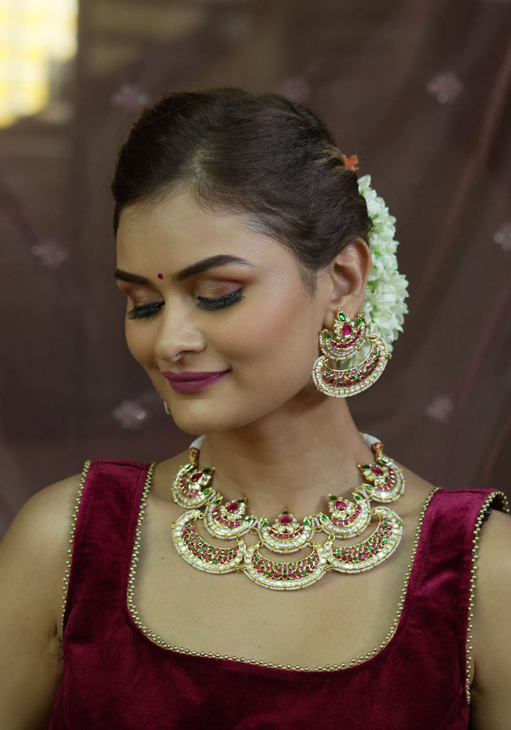 Two layer Statement Jadau Necklace Set with Chand Design Choker and Earrings Set | Shobitam Jewelry