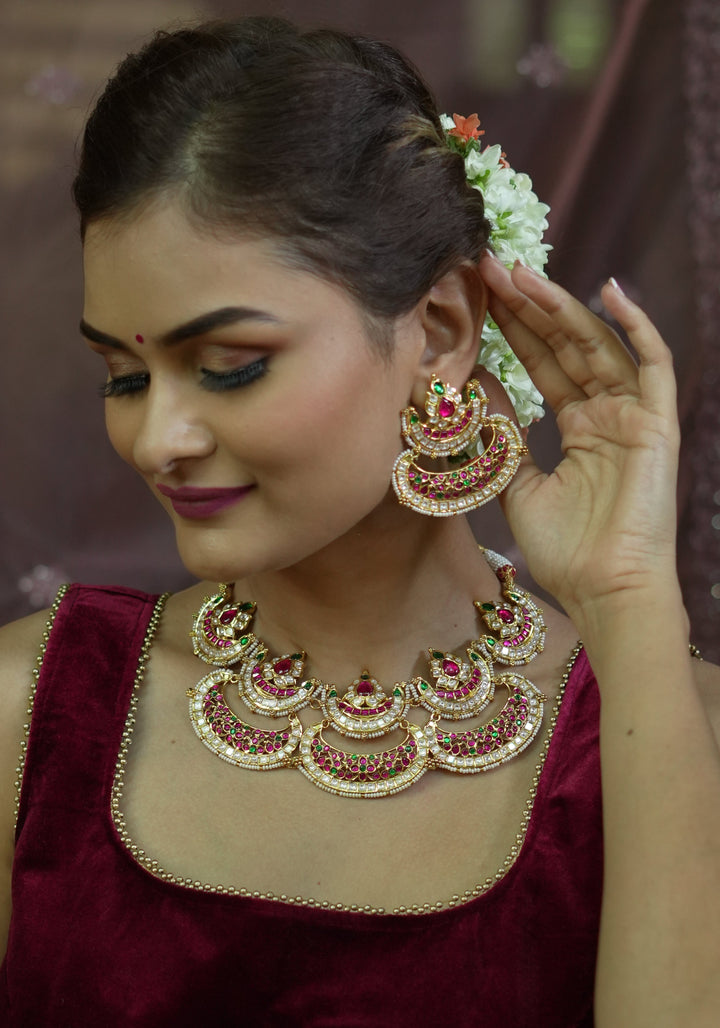 Two layer Statement Jadau Necklace Set with Chand Design Choker and Earrings Set | Shobitam Jewelry