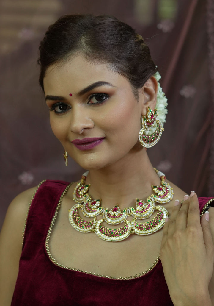 Two layer Statement Jadau Necklace Set with Chand Design Choker and Earrings Set | Shobitam Jewelry