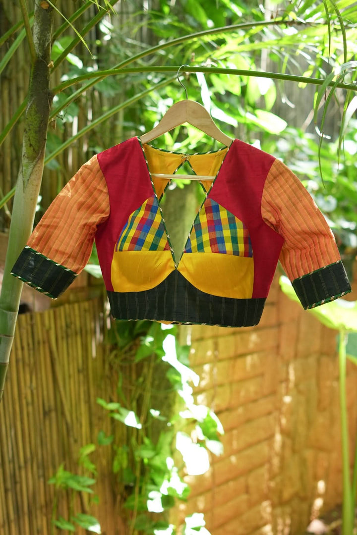 Multicolour checked patchwork V Neck Blouse in raw silk and other fabrics | SHOBITAM