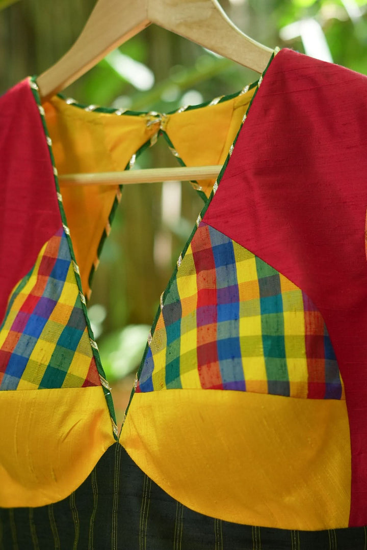 Multicolour checked patchwork V Neck Blouse in raw silk and other fabrics | SHOBITAM