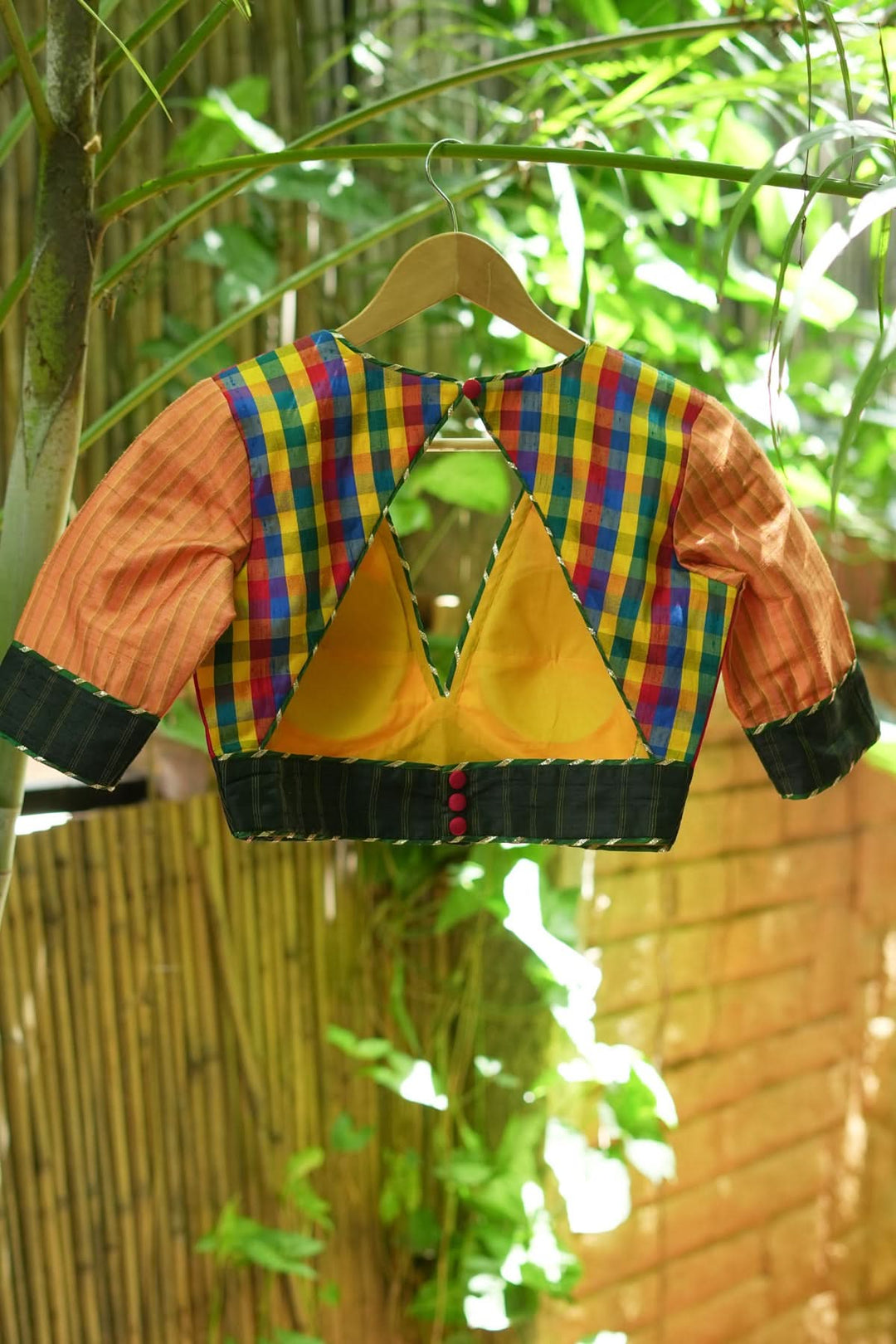 Multicolour checked patchwork V Neck Blouse in raw silk and other fabrics | SHOBITAM