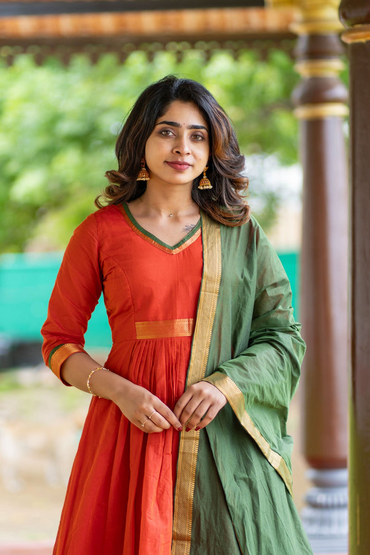 Shanmathi Orange & Green With Dupatta 2 Peice Set | Made To Order