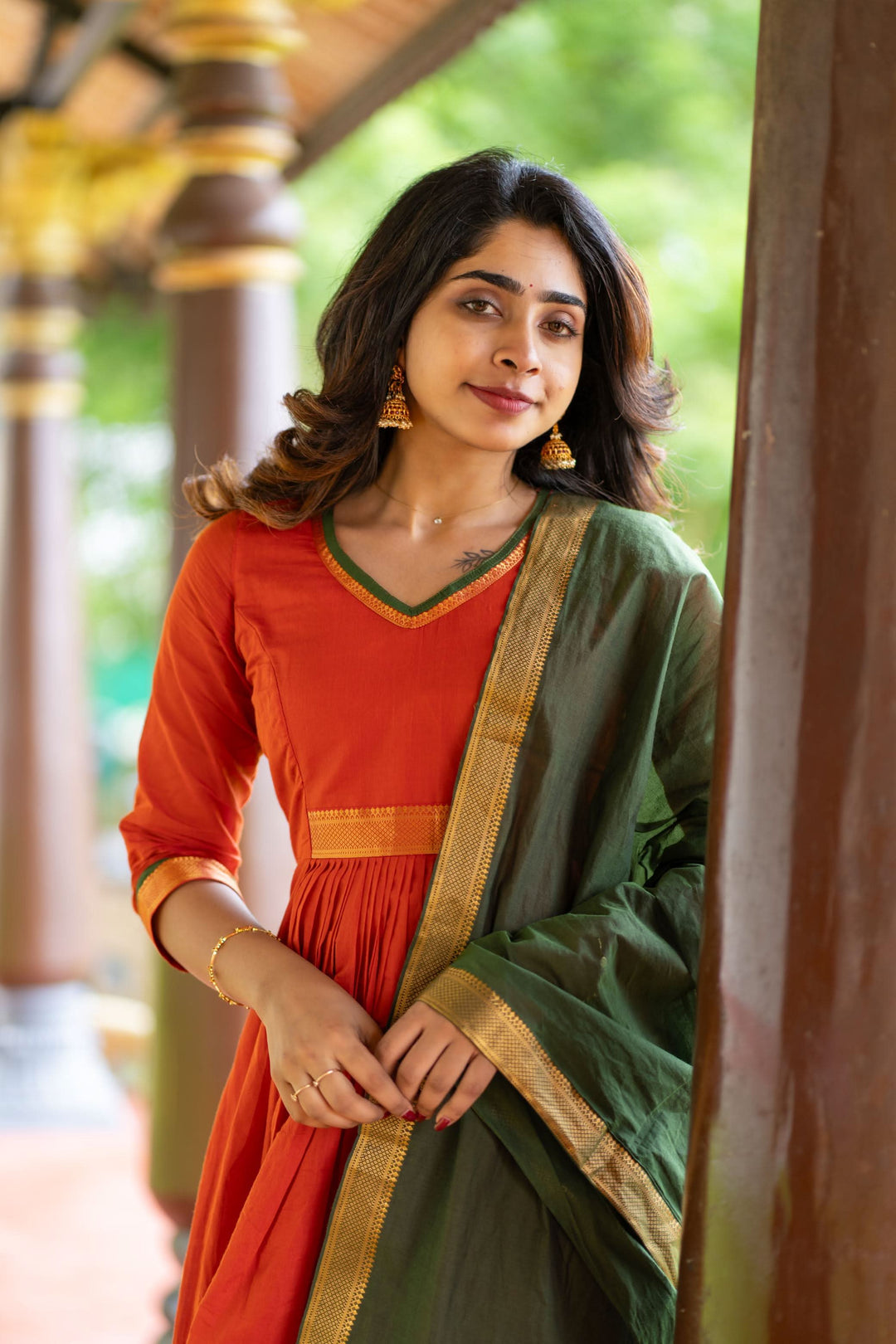 Shanmathi Orange & Green With Dupatta 2 Peice Set | Made To Order
