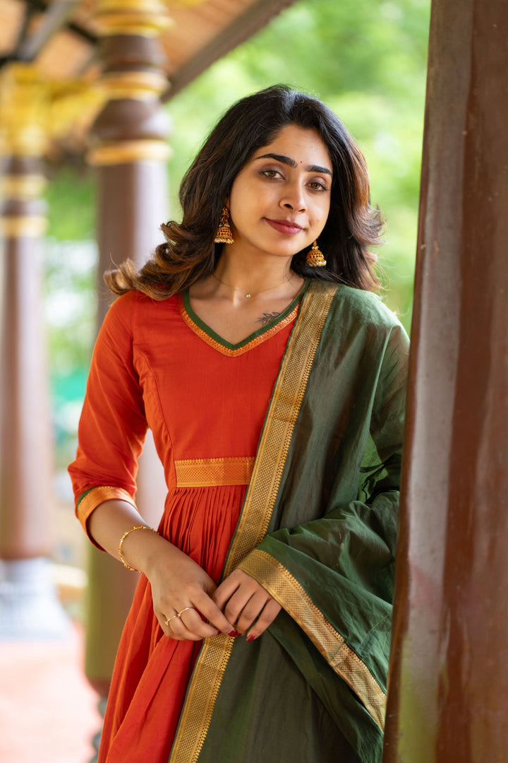 Shanmathi Orange & Green With Dupatta 2 Peice Set | Made To Order