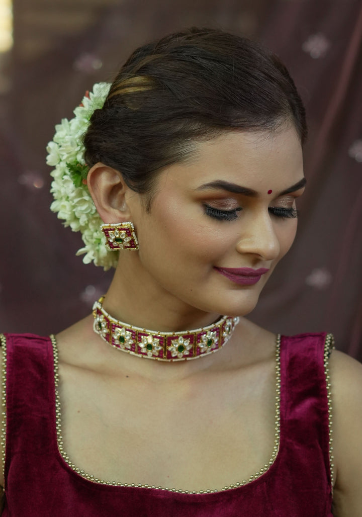 Ahmedabadi Choker Set with White & Pink Stone | Shobitam Jewelry