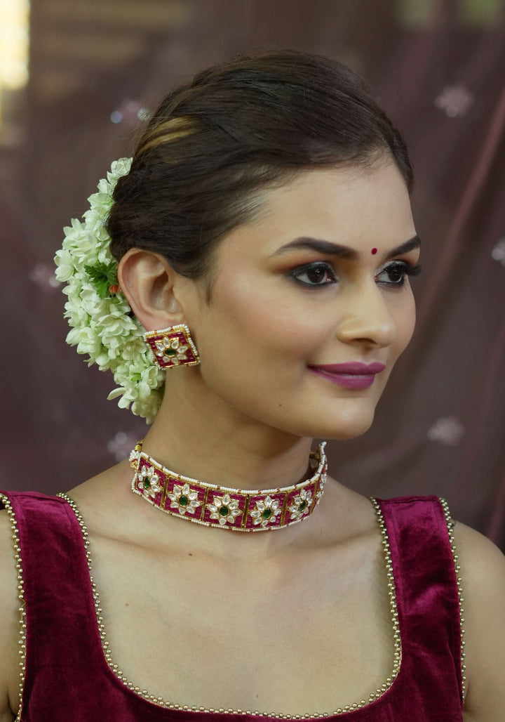 Ahmedabadi Choker Set with White & Pink Stone | Shobitam Jewelry