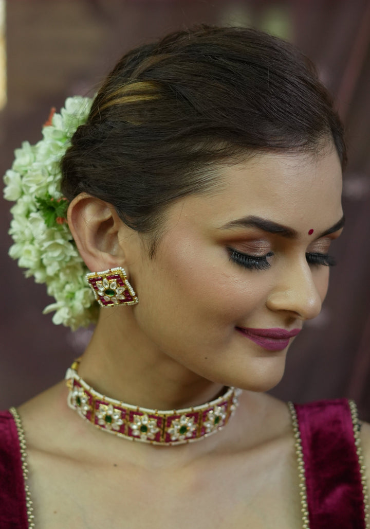 Ahmedabadi Choker Set with White & Pink Stone | Shobitam Jewelry