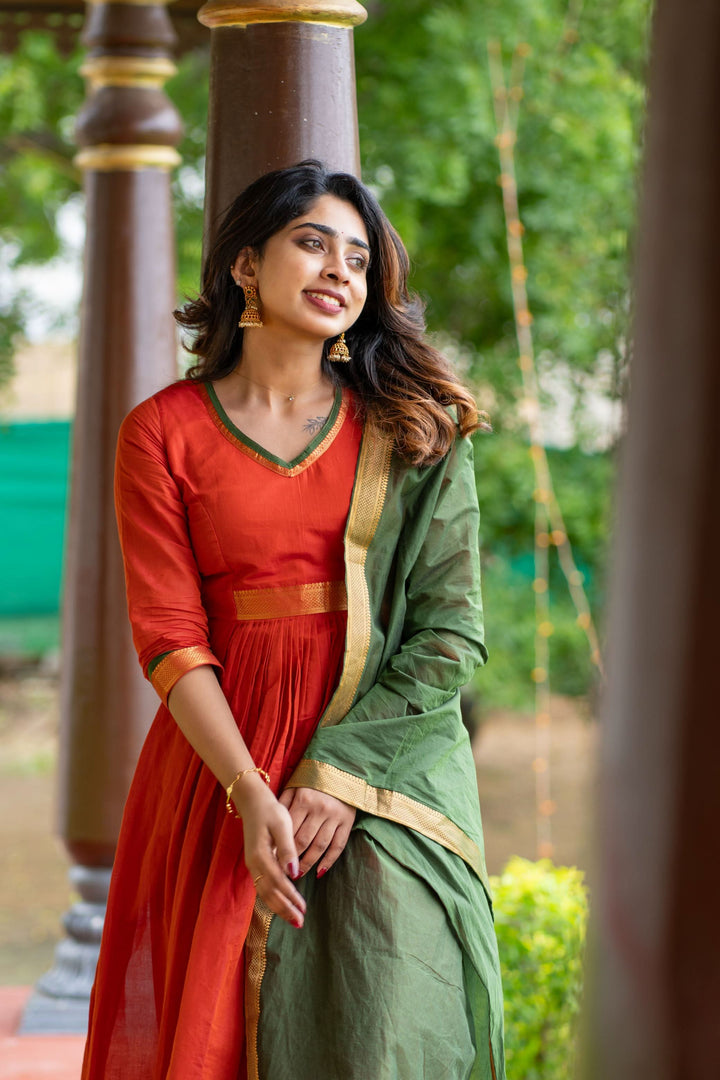 Shanmathi Orange & Green With Dupatta 2 Peice Set | Made To Order