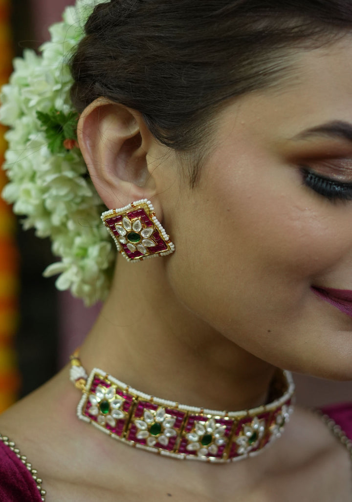 Ahmedabadi Choker Set with White & Pink Stone | Shobitam Jewelry