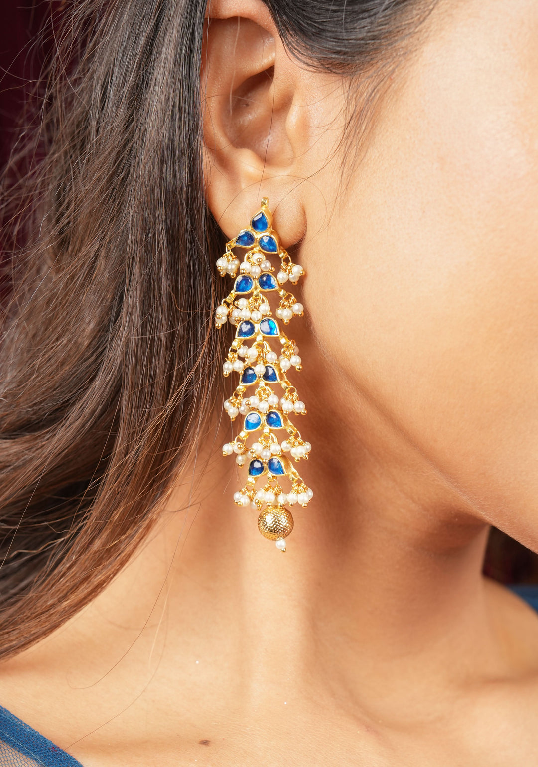3 Inch Jadau Earrings in Tiered Leaf design with Blue Stones and dainty Pearls beads