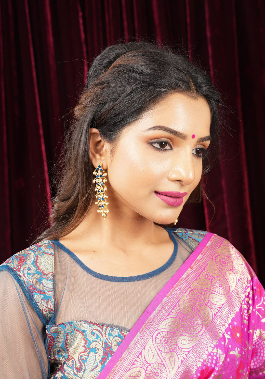 3 Inch Jadau Earrings in Tiered Leaf design with Blue Stones and dainty Pearls beads