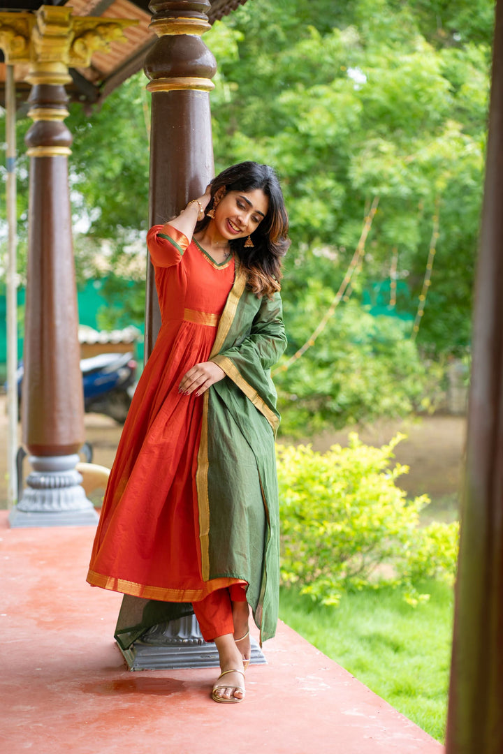 Shanmathi Orange & Green With Dupatta 2 Peice Set | Made To Order