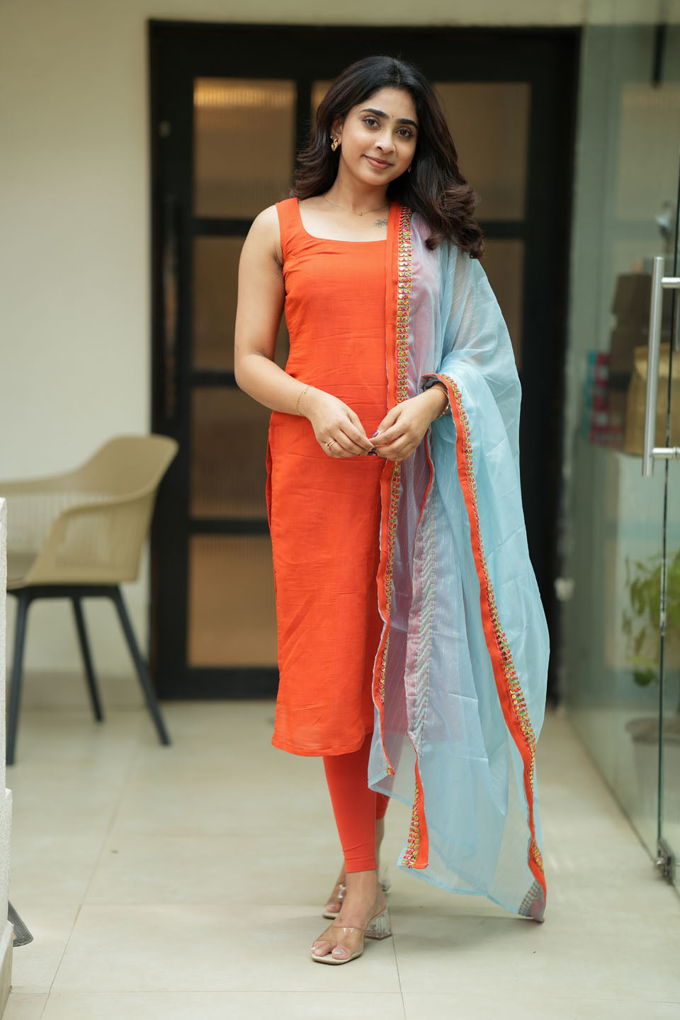 Kamala orange Kurti Set (Set of Top & Dupatta) | Made to Order | SHOBITAM