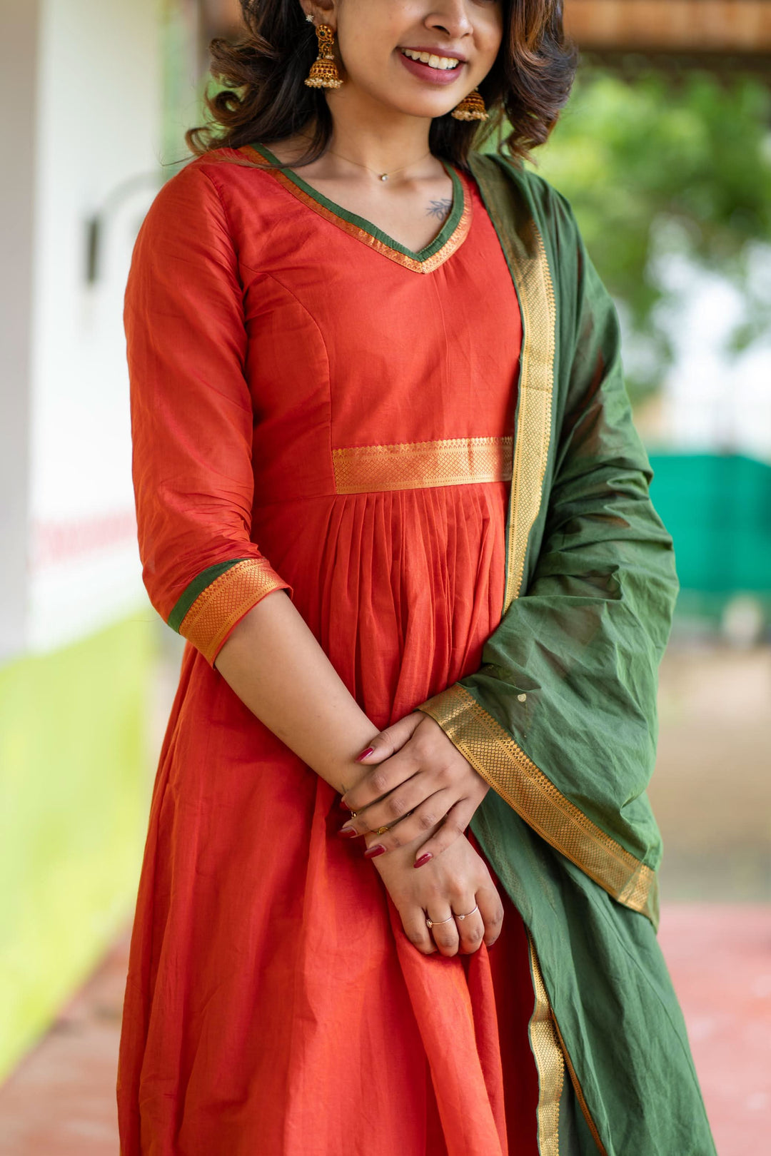 Shanmathi Orange & Green With Dupatta 2 Peice Set | Made To Order