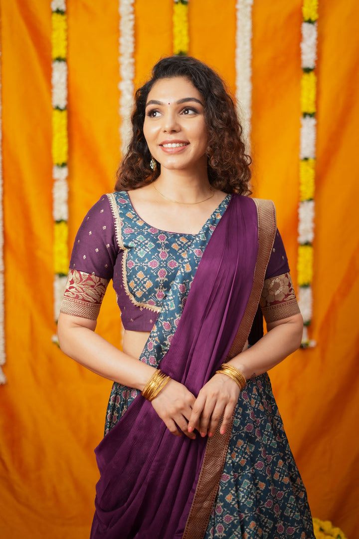 Agalvili Wine & Blue Dola Silk Printed Lehenga Set | SHOBITAM