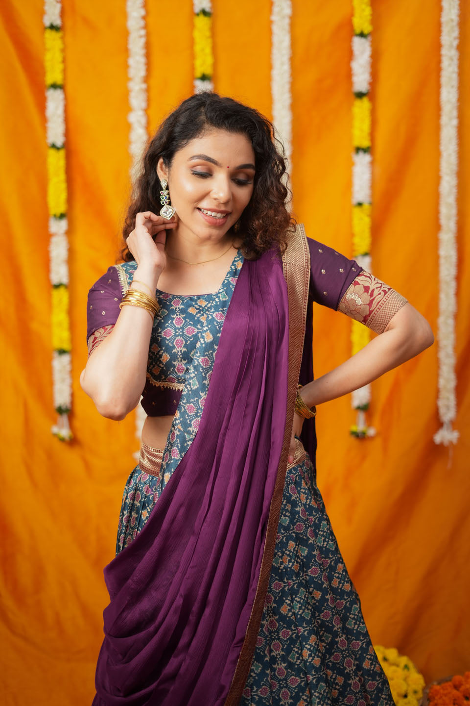 Agalvili Wine & Blue Dola Silk Printed Lehenga Set | SHOBITAM