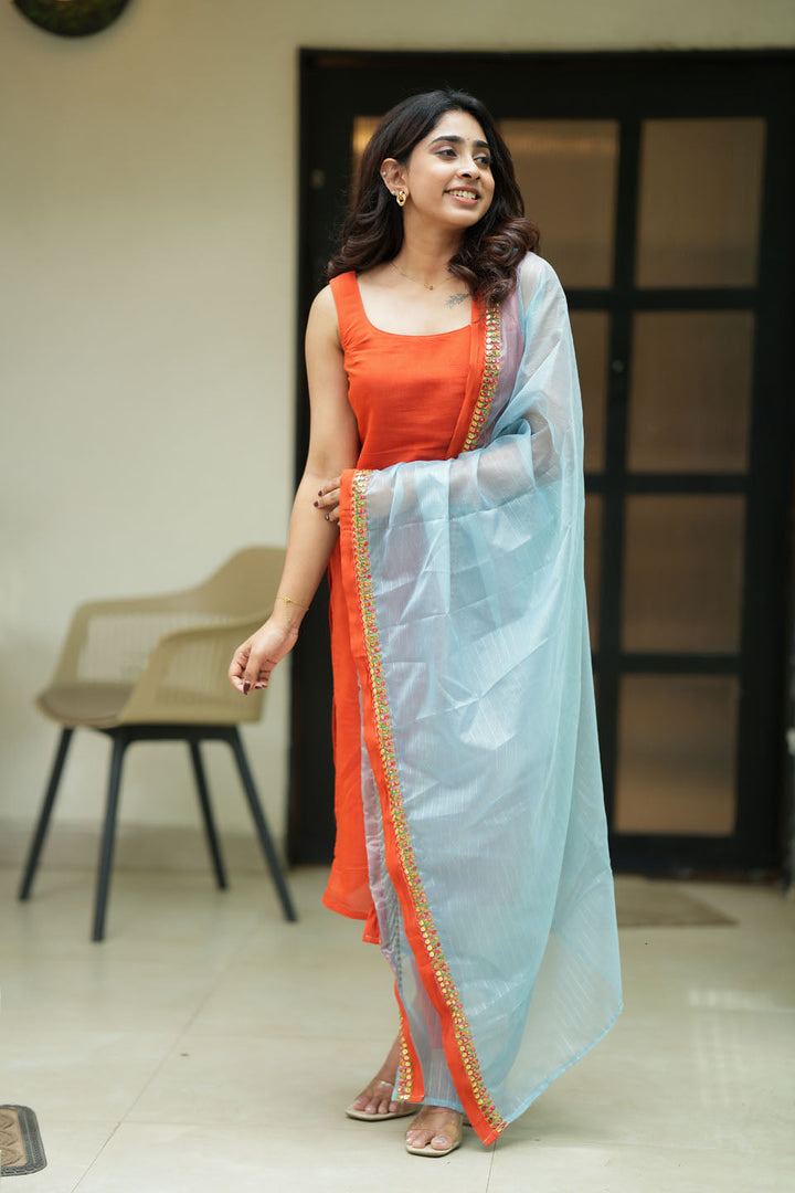Kamala orange Kurti Set (Set of Top & Dupatta) | Made to Order | SHOBITAM
