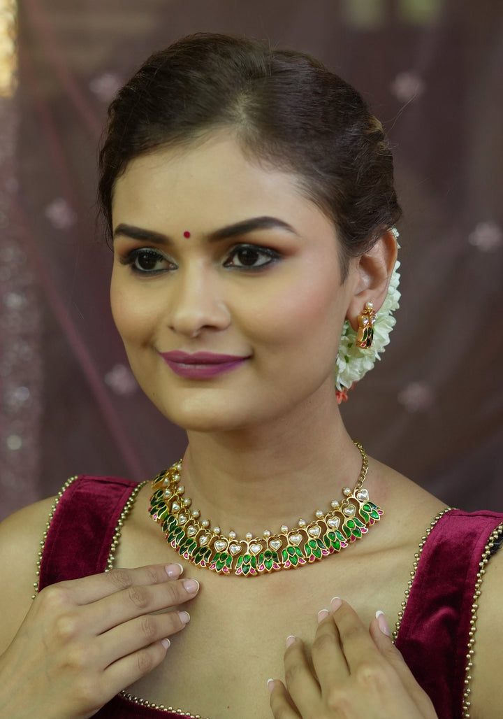 Translucent Falling Lotus Flexible necklace set with Green, Pink and White Stones | Shobitam Jewelry