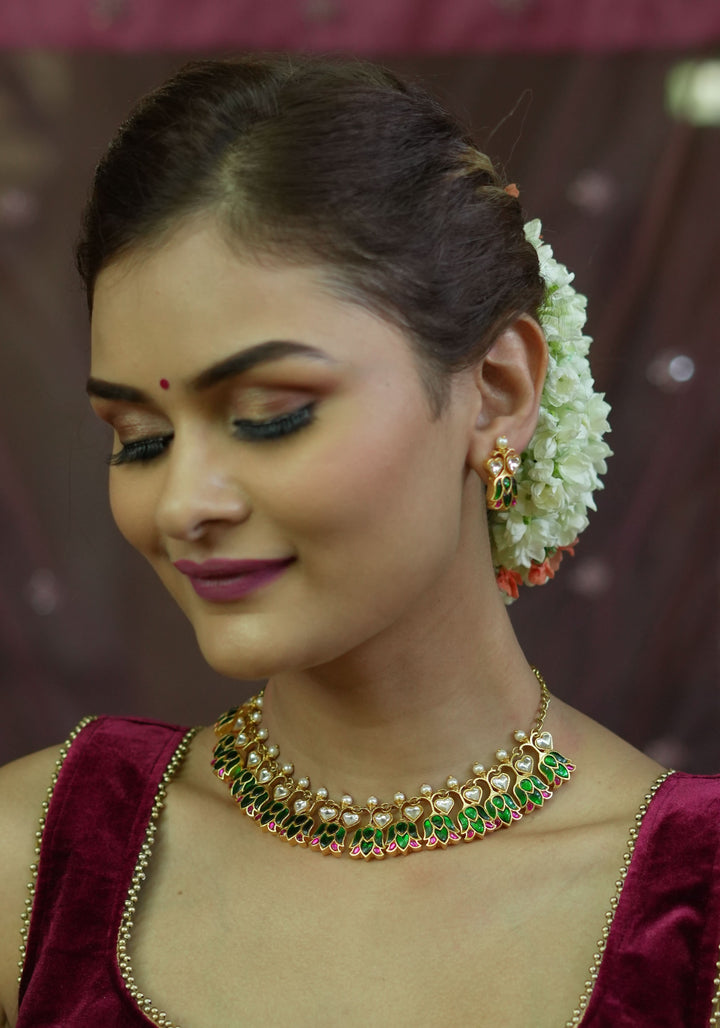 Translucent Falling Lotus Flexible necklace set with Green, Pink and White Stones | Shobitam Jewelry