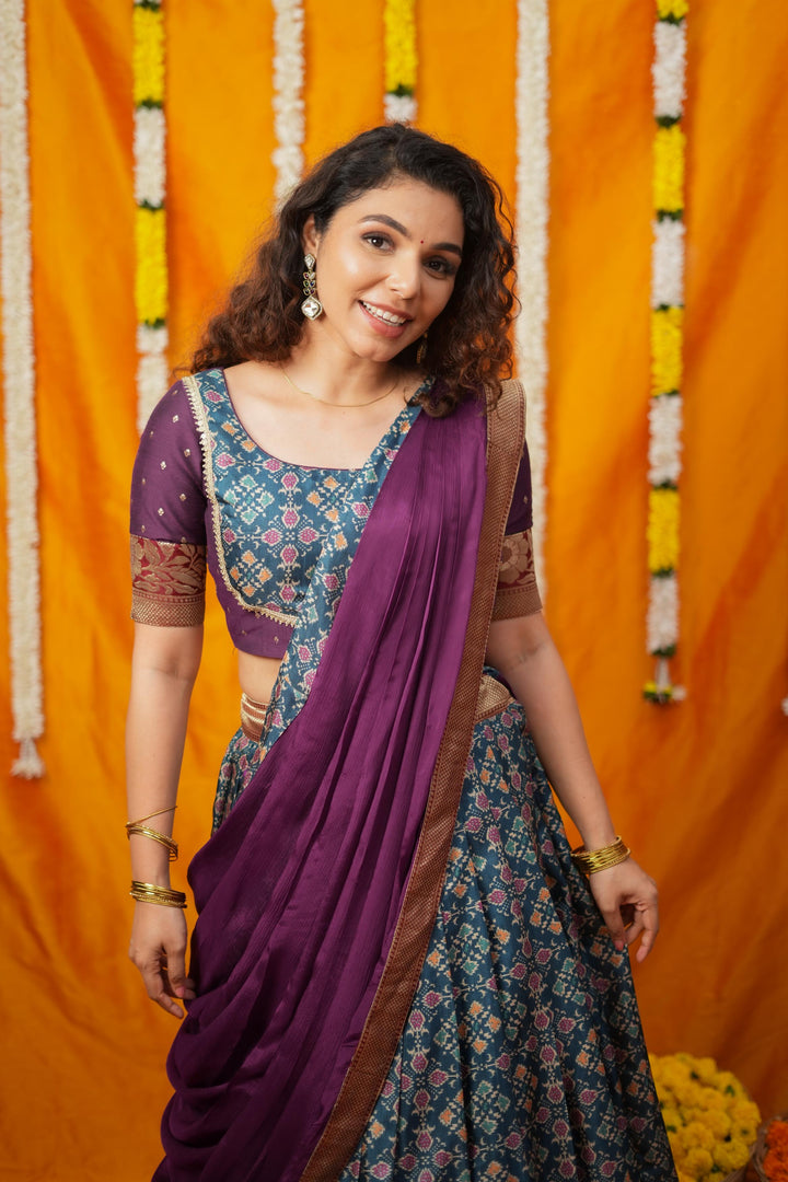 Agalvili Wine & Blue Printed Lehenga Set | Made To Order