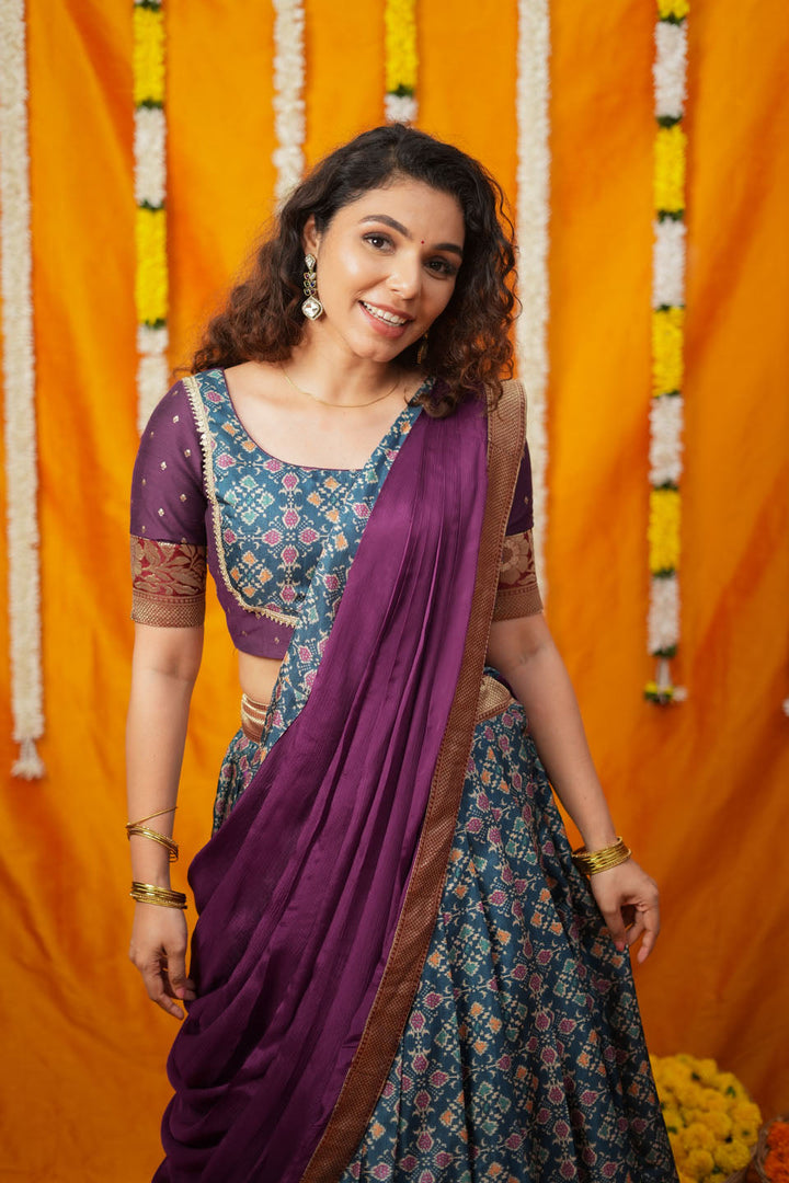 Agalvili Wine & Blue Dola Silk Printed Lehenga Set | SHOBITAM