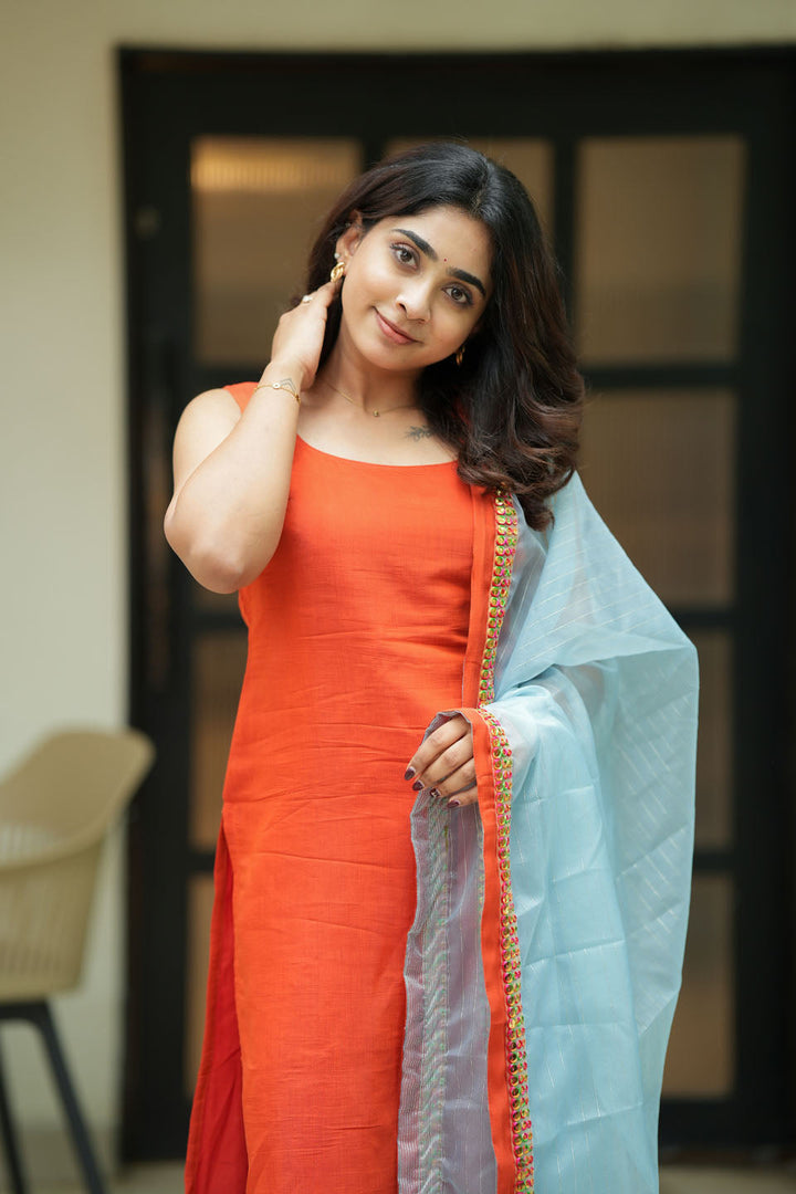 Kamala orange Kurti Set (Set of Top & Dupatta) | Made to Order | SHOBITAM